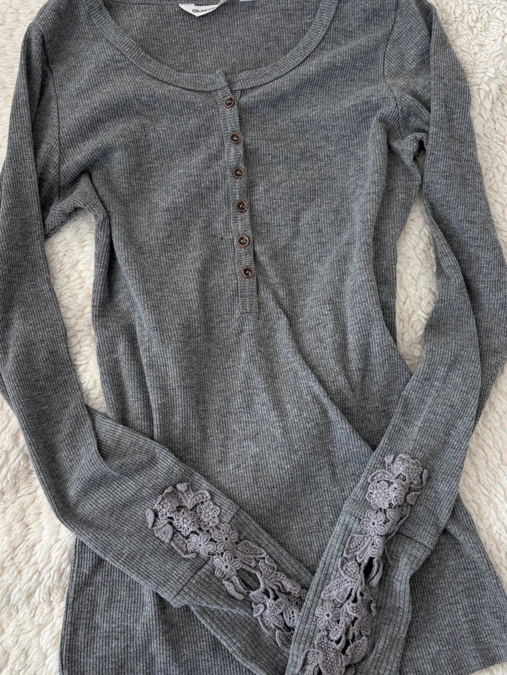 & Other Stories Gray Ribbed Henley with Lace Cuff Detail